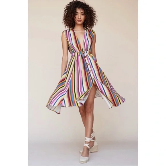 LPA NWOT Shirred Button Up Linen Dress Rainbow Strip Midi Boho Sleeveless Sz S - Picture 3 of 14